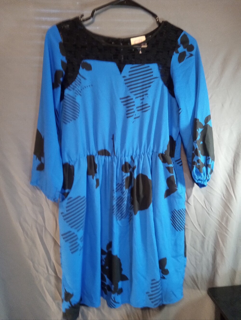 Gb Girls Bright Blue Floral Print With Black Lace Neck Trim Women's Dress
